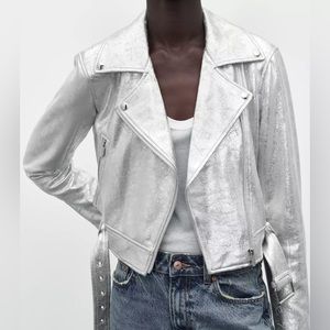 ZARA Metallic Silver Faux Leather Biker Jacket Size M Ref 3046/303